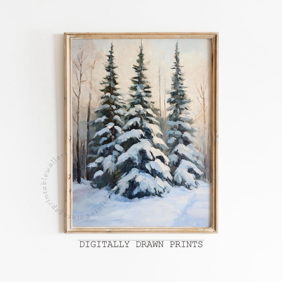 Snowy Pines Winter Landscape Print, Vintage Christmas Art, Holiday Printable Home Decor, Christmas Cottagecore Wall Art, 12x18 UNFRAMED