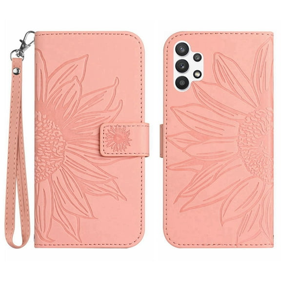 Mantto for Samsung Galaxy A32 5G 6.5 inch Wallet Case with Wrist Strap,Stylish Sunflower Embossed PU Leather Shockproof Protective Magnetic Clasp Flip Stand Card Slots Phone Cover,Pink