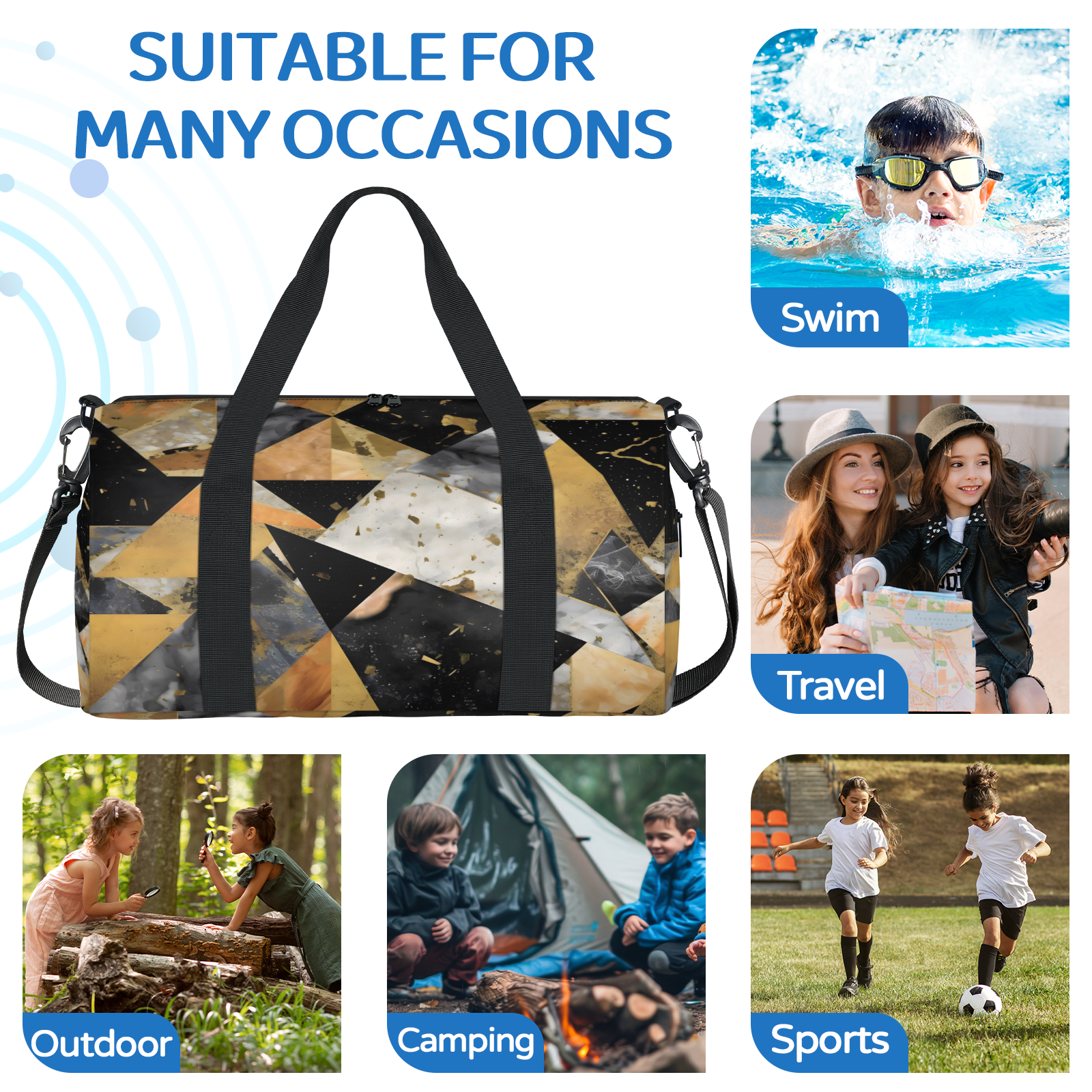 Herdesigns Black Gray Gold Marble Travel Duffle Bag Sports Yoga Weekender Overnight Carry on Workout Bags Lightweight Waterproof Gym Tote Bag for Women