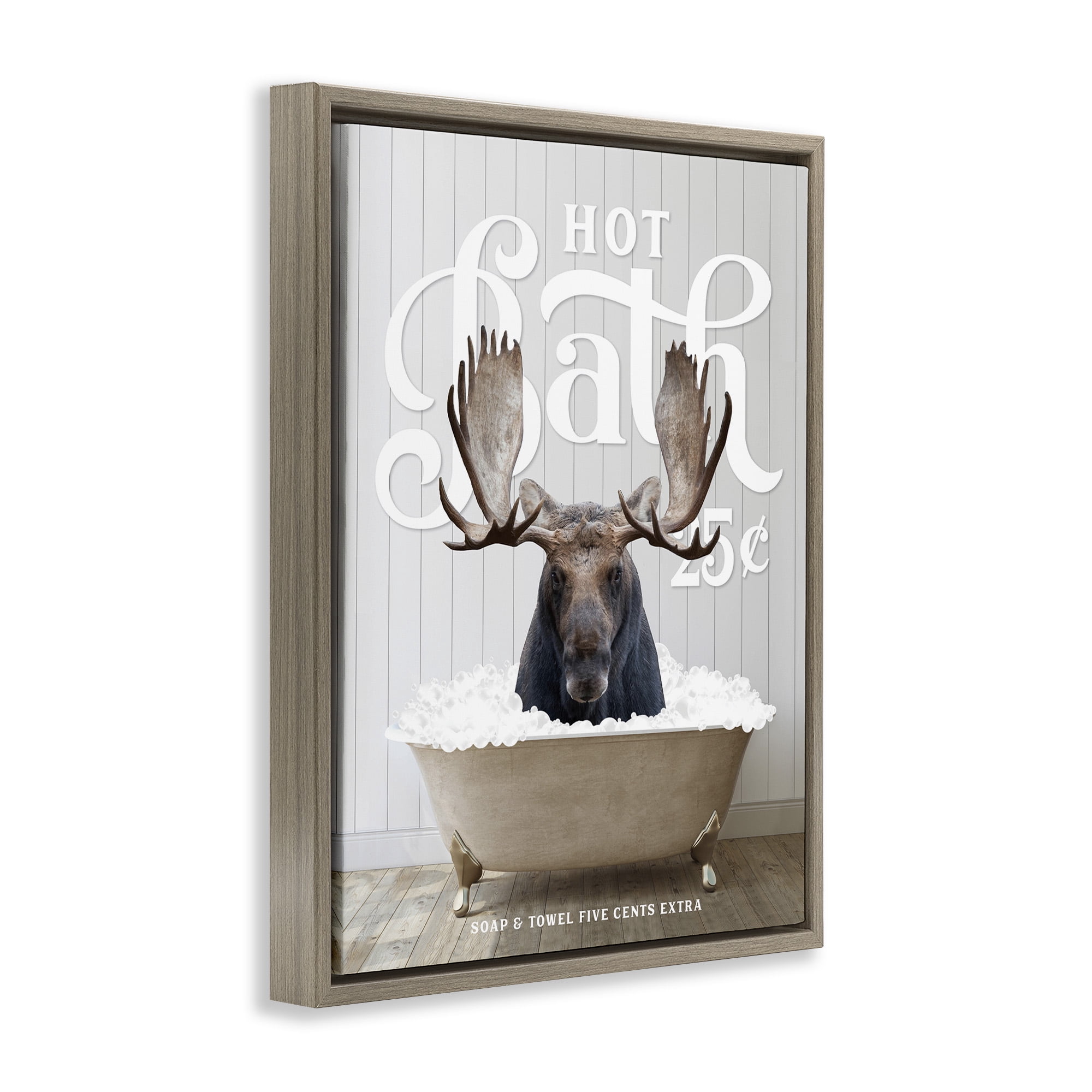 Stupell Industries Vintage Bathroom Moose Ad Animals & Insects Painting Brown Floater Framed Canvas Art Print Wall Art, 25 x 31