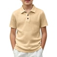 thumbnail image 3 of 2026 New Boys Breeze Polo Shirts Short Sleeve V-Neck Textured Knitted Shirts Lightweight Hollow Out Casual Tops(Beige,11-12 Years), 3 of 3
