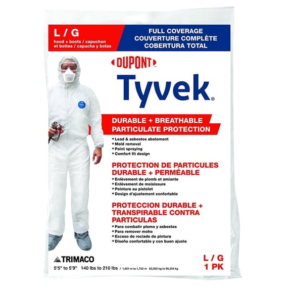 Trimaco Tyvek Disposable Coverall - Hood & Boots - Workwear, Zipper Closure — Residential Use, Standard Application