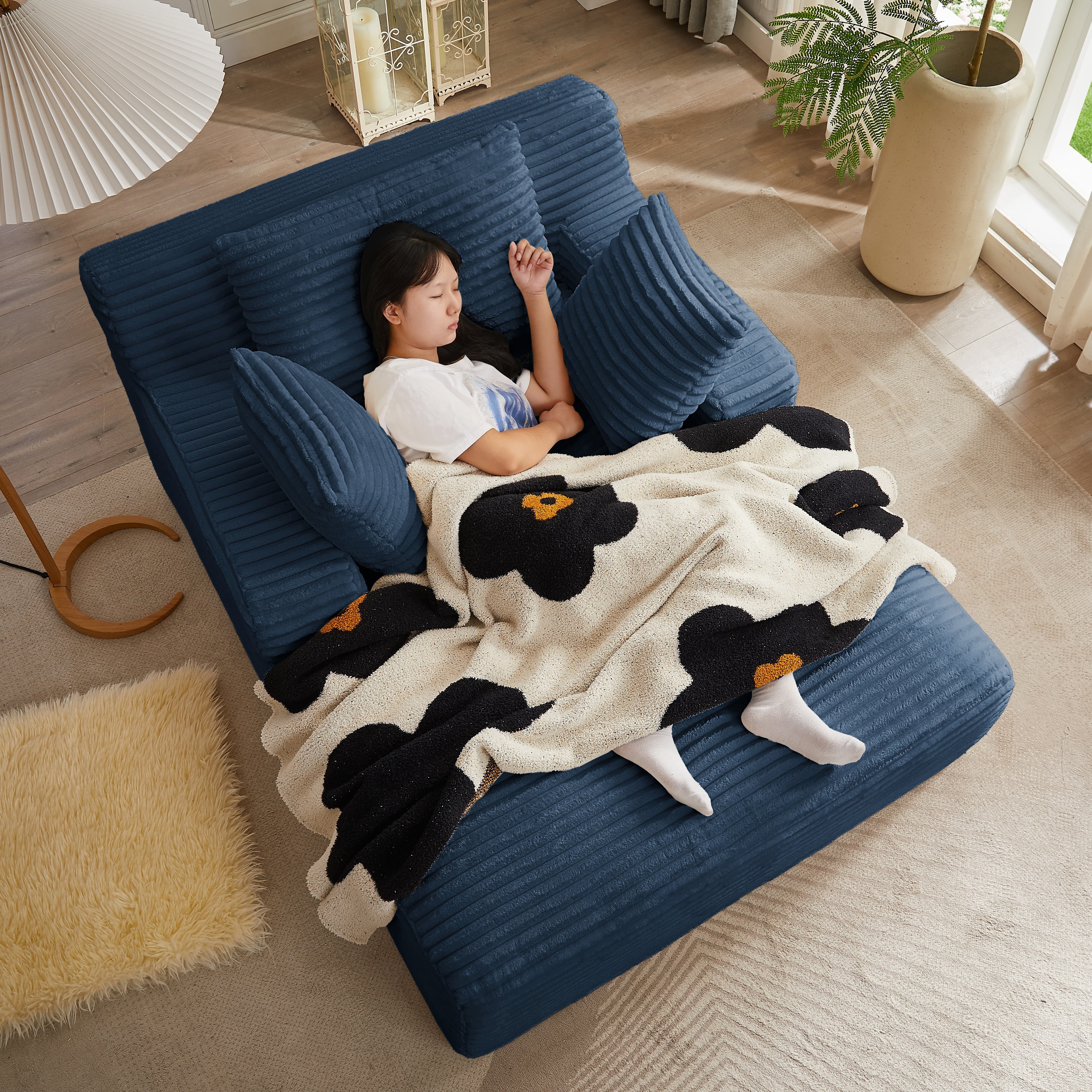 MAYEERTY Oversized Corduroy Chaise Lounge Sofa, Modern Couch with Spring Cushion for Living Room, 49*66*28"Blue