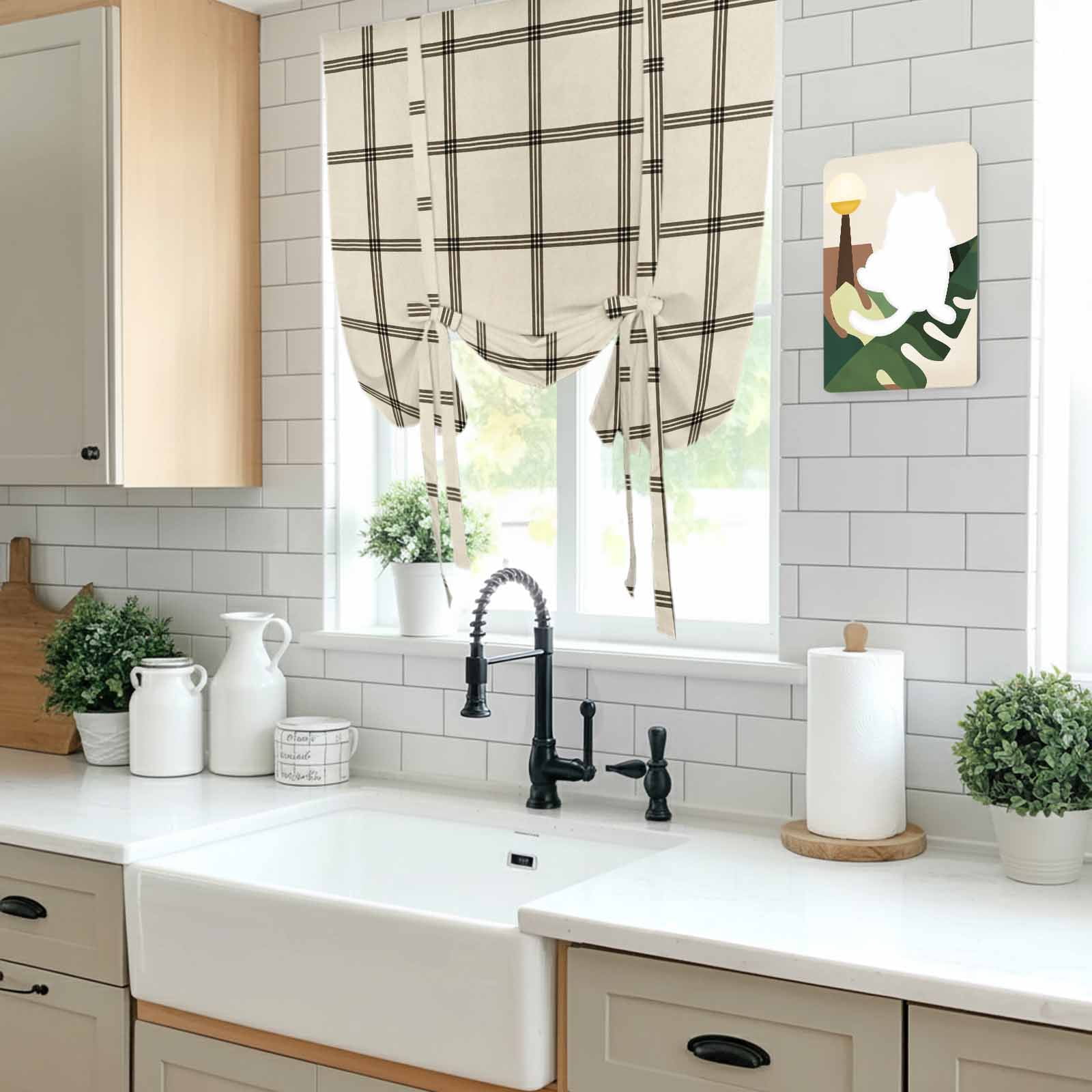 Linen Buffalo Check Tie Up Curtains 45 Inches Long, Kitchen Window Curtains Over Sink, Retro Black Lines Grid Pattern Small Window Curtains Shade Balloon Curtains Valances for Bedroom/Cafe 34"x45"