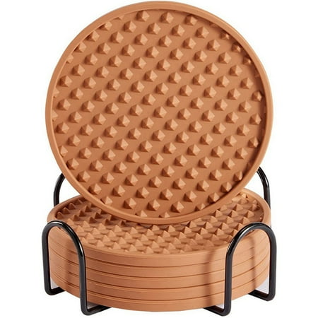 

6Pcs Silicone Coaster Drink Coaster with Holder Coffee Coaster Suitable for Bar Desktop Non-Slip(Brown)