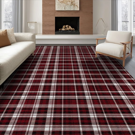 ODIKA 8'x10' Washable Area Rug Gingham Crossbar Grid Christmas Festive Holiday Rectangular Design for Living Room, Under Sectional, Family , Durable, Non-Slip