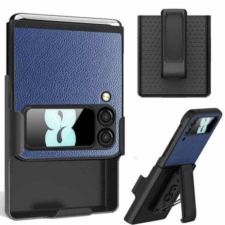 Decase Samsung Galaxy Z Flip4 Holster Case, Lychee Pattern Full Coverage Back Kickstand Rotating Belt Clip Shell Cover for Samsung Galaxy Z Flip 4, Blue