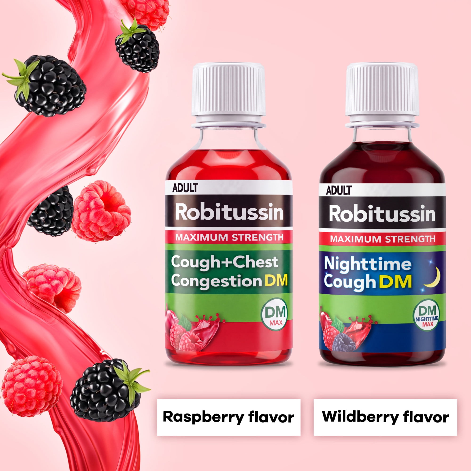 Robitussin Maximum Strength Cough + Chest Congestion DM and Maximum Strength Nighttime Cough Dm, Cough Medicine, Berry Flavor - 4 Fl Oz Bottles (Pack of 2)