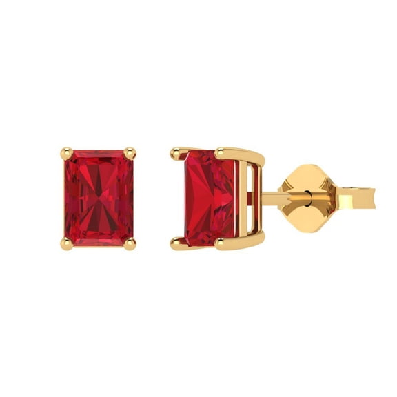 1 ct Push-Back Stud Earrings for Women | 6x4mm Emerald Cut Simulated Pink Tourmaline | 18K Yellow Gold
