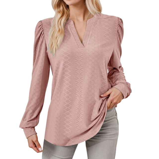 Top de manga larga con cuello en V y tejido jacquard para mujer - Camiseta holgada de color liso