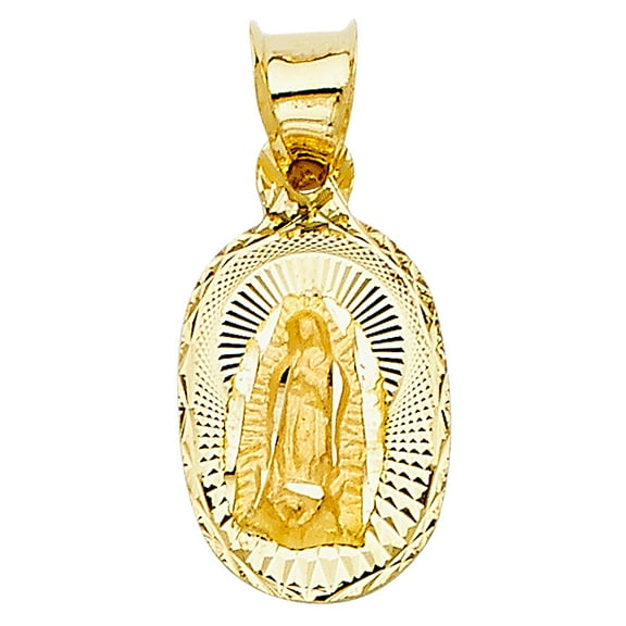Ioka-14K Yellow Gold Diamond Cut Our Lady of Guadalupe Stamp Religious Charm Pendant For Necklace or Chain