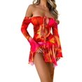 thumbnail image 2 of SUNSIOM Robe Courte pour Femme, Robe à Manches Longues Épaules Dénudées à Nouer, Découpes, Imprimé Teinture sur Nœuds, Fente, Robe de Cocktail, 2 of 9