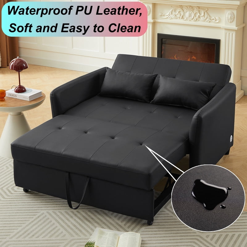 PU Leather Convertible Sleeper Sofa Bed, Adjustable Oversized Chaise Lounge Loveseat Couch with 3 USB Charging Ports