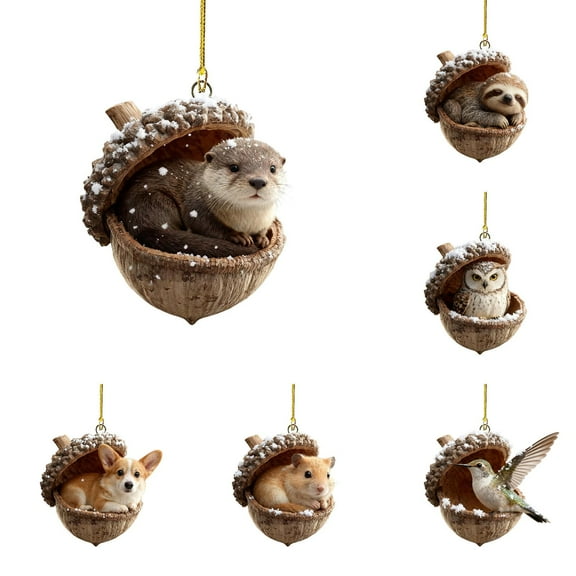 Miommo 8 Pack Rustic Animal Ornaments, Cute 2D Acrylic Christmas Tree Decorations Set, Woodland Nature Themed Hanging Decor, Cozy Christmas Gifts for Animal Lovers
