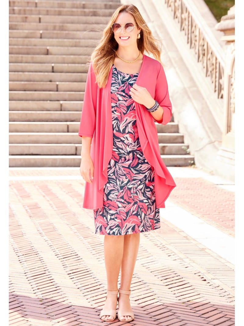 open lace back dress Roaman's Women's Plus Size Elbow Sleeve Fit-and-Flare Dress with Bolero  Jacket – 2-Piece Suit main image 1
