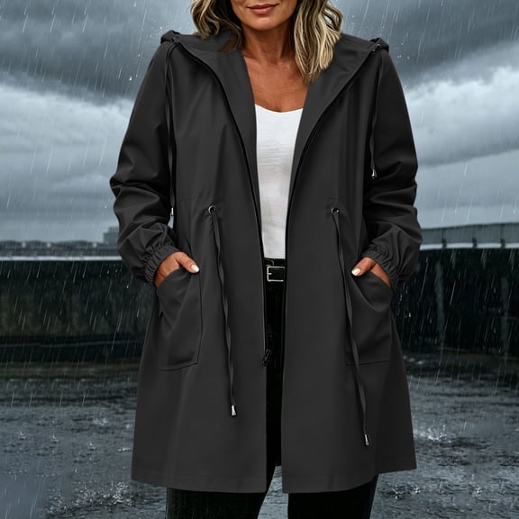 Maqroz Womens Rain Coat with Hood Adjustable Cinch Waist Long Windbreaker Large Patch Pockets Zip Front Lightweight Trench Outerwear Fall Summer Safari Style Urban Utility