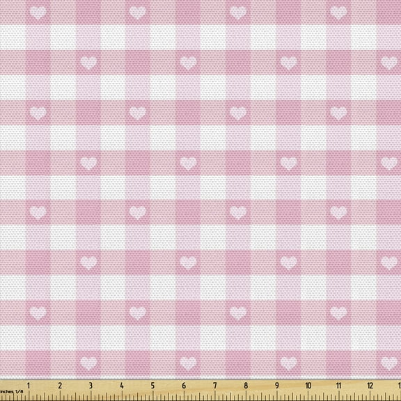 Ambesonne Checkered Fabric by the Yard Upholstery, Romantic, 3 Yards, Pale Pink White