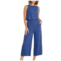 GEWSEY 2 Piece Sets for Women Summer Cruise Essentials 2025 Travel Outfits Vacation Fashion Lounge Set Sleeveless Matching Set Clothing Wide Leg Crop Pants Airport Loungewear M (Blue, S)