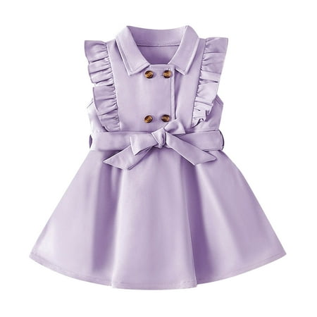 

WUDATI Summer Holiday dress Baby Girls Spring Summer Solid Button Ruffle Sleeveless Belt Princess Dress Fashionable Cute Soft Breathable Flexible and Skin Friendly
