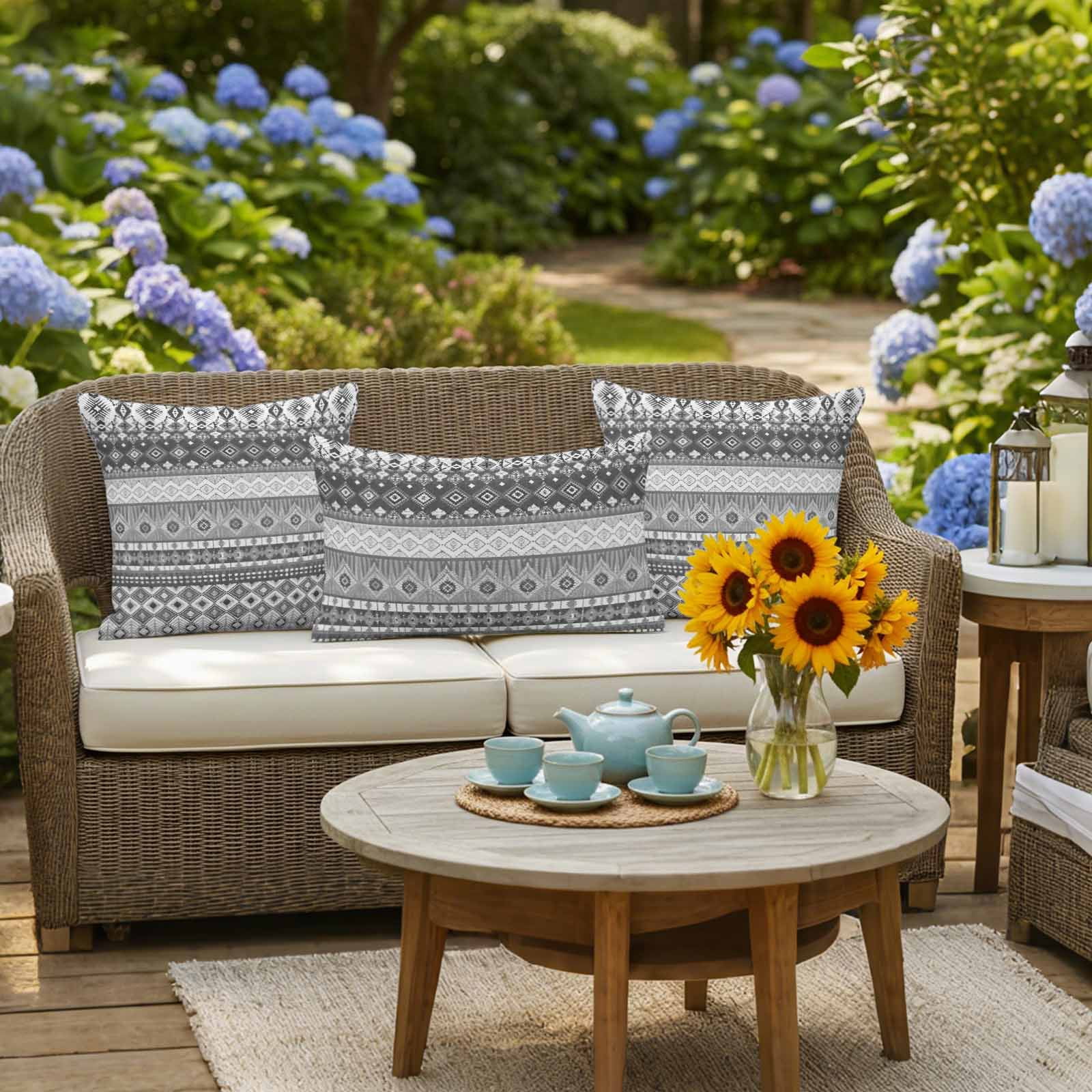 Outdoor Waterproof Throw Pillow Covers Set of 2 Black Bohemian Decorative Pillowcases Square Pillows Cushion Case 18x18 Inch Boho Style Floral Leaves Geometric Patio Pillows for Couch Sofa Bed