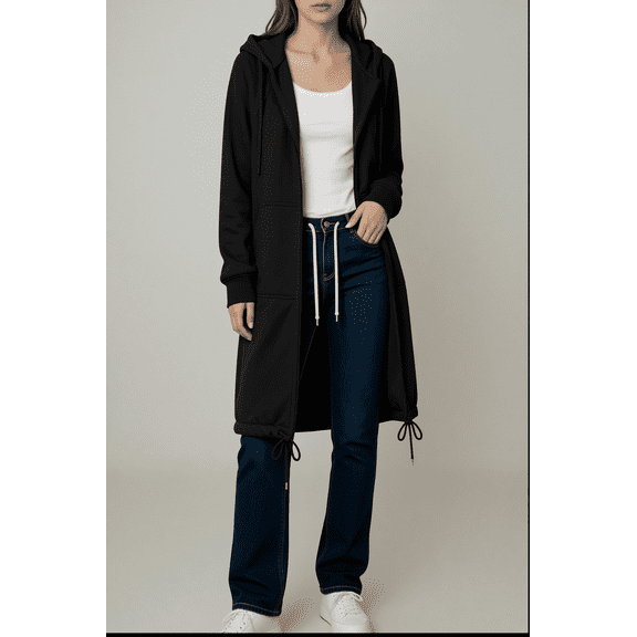 FAIOROI Womens Longline Hoodies Zip up Drawstring Hem Pocket Design Polyester Hoodie,Black L
