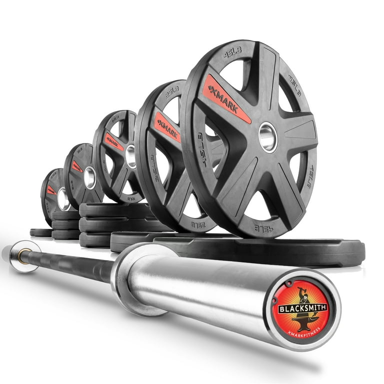 XMark Olympic Barbell Weight Set BLACKSMITH 7 Olympic Bar Barbell and 205 lb TEXAS STAR Weight Plates Set