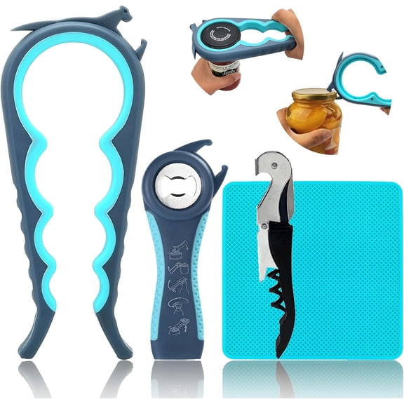 Otstar 6-in-1 Jar Opener & Bottle Opener Set for Weak Hands - Multi-Function Kitchen Opener Tool for Seniors with Arthritis, Elderly - Includes Jar Lid Gripper Pad, Corkscrew Opener