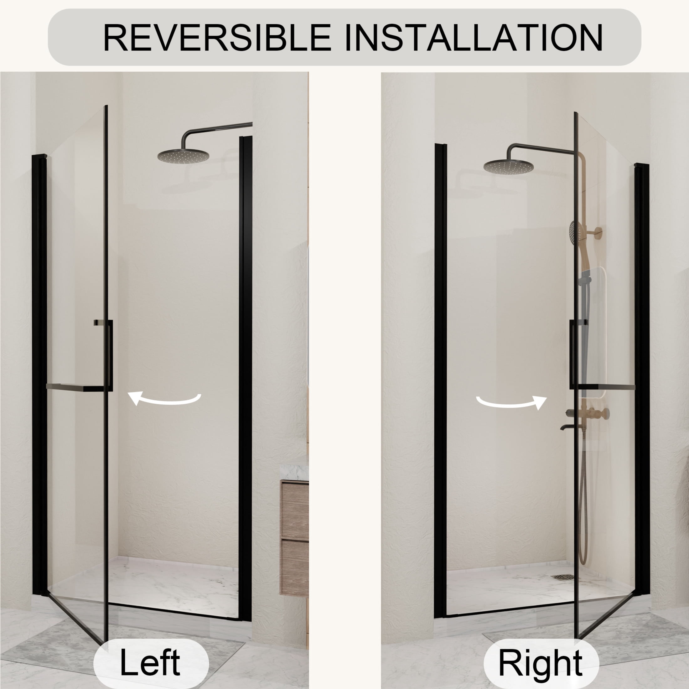 Noble House 35" Semi-Frameless Pivot Shower Door, Tempered Clear Glass, Reversible Adjustable Width, Matte Black