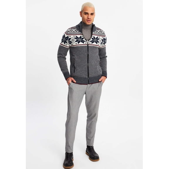 Elegant Men's Cardigan With Norwegian Pattern and Zipper - Ecru