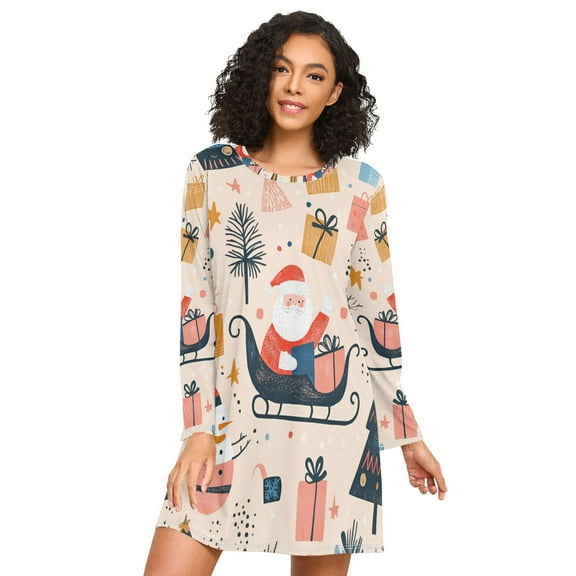 FORMRS Womens Long Sleeve Nightgowns Crew Neck Sleep Shirt Soft Pajamas Sizes S-3XL, Beige Christmas Santa