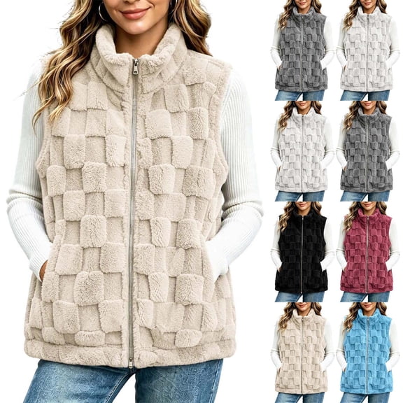 QATAINLAV Womens Fleece Sherpa Vest Winter Fuzzy Fluffy Checkered Plaid Sleeveless Zip Up Jacket with Pockets