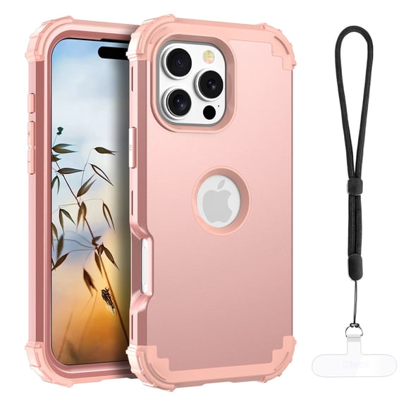 Dteck for iPhone 16 Pro Max with Wrist Strap, 3 in 1 Full Body Rugged Shockproof Slim Hybrid Heavy Duty Hard PC Cover Soft Silicone Rugged Bumper Protective Case, Rosegold