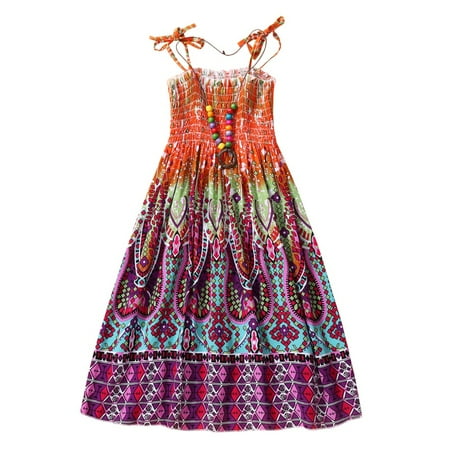 

GOODLY Summer Girls Flower Dress Kids Girl Lovely Bohemian Dress Beach Cotton Dresses Sleeveless Rainbow Sundress with Necklace 2-10Y
