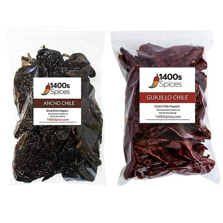 Dried Chiles Peppers 2 Pack Bundle (1lb Total) - 8oz Chile Guajillo Stemless and 8oz Chile Ancho by 1400s Spices