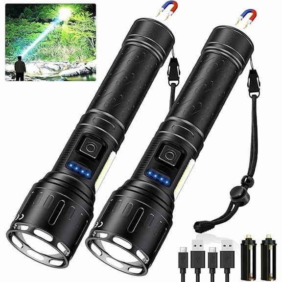 ZLCRechargeable Magnetic Flashlights High Lumens, Super Bright LED Powerful Flashlight 8 Modes with COB Work Light, Waterproof Handheld Flash Light for Camping (2 Pack with Paper Box, Black)
