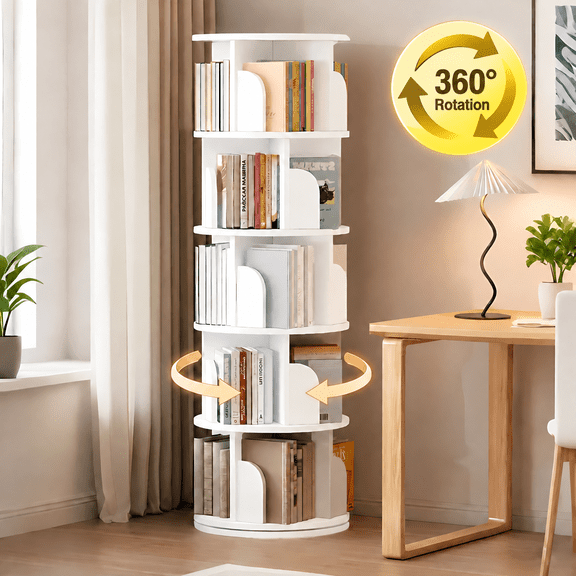VGBYUJ Rotating Bookcase, 5 Tier Spining Bookshelf, 360° Revolving Bookcase with 20 Shelves, White 63"x18"x18", Adult