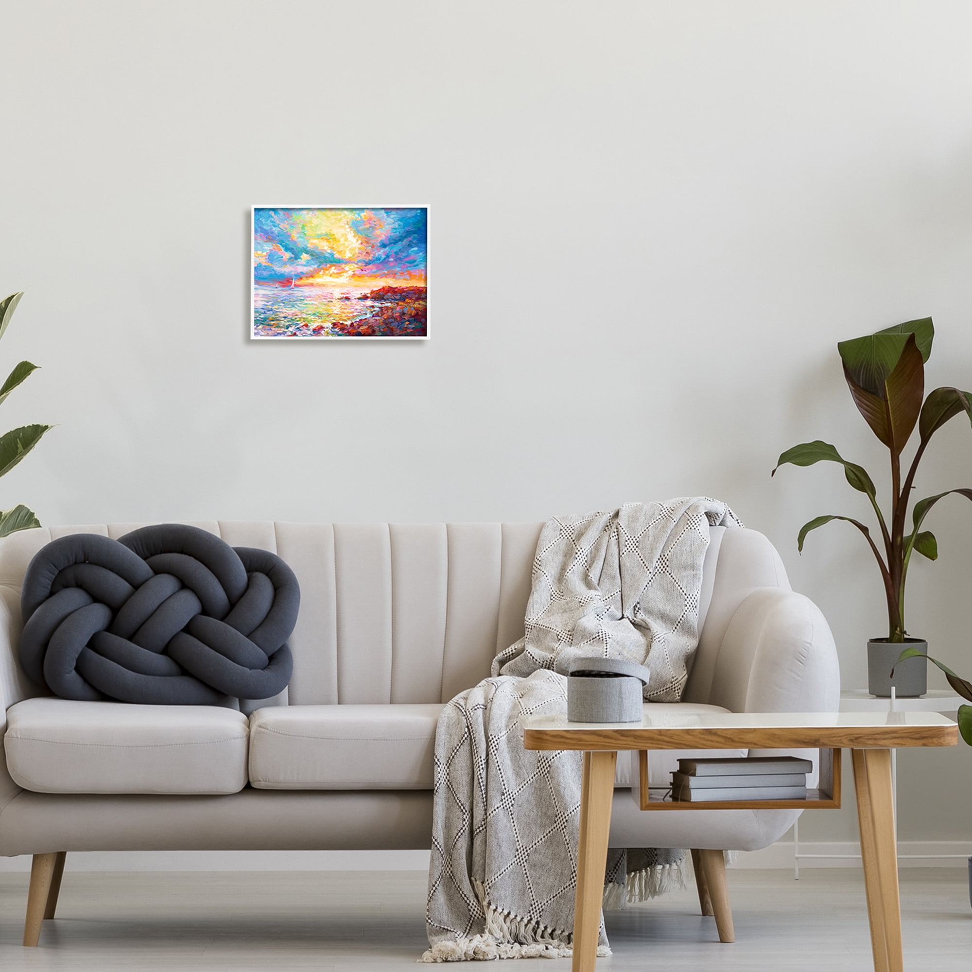 Stupell Industries Mediterranean Sunset Ocean Coast Landscape Painting White Framed Art Print Wall Art, 14 x 11
