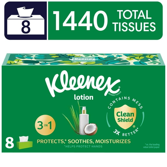 Kleenex Lotion Facial Tissues with Coconut Oil, 8 Flat Boxes, 180 Tissues per Box, 3-Ply