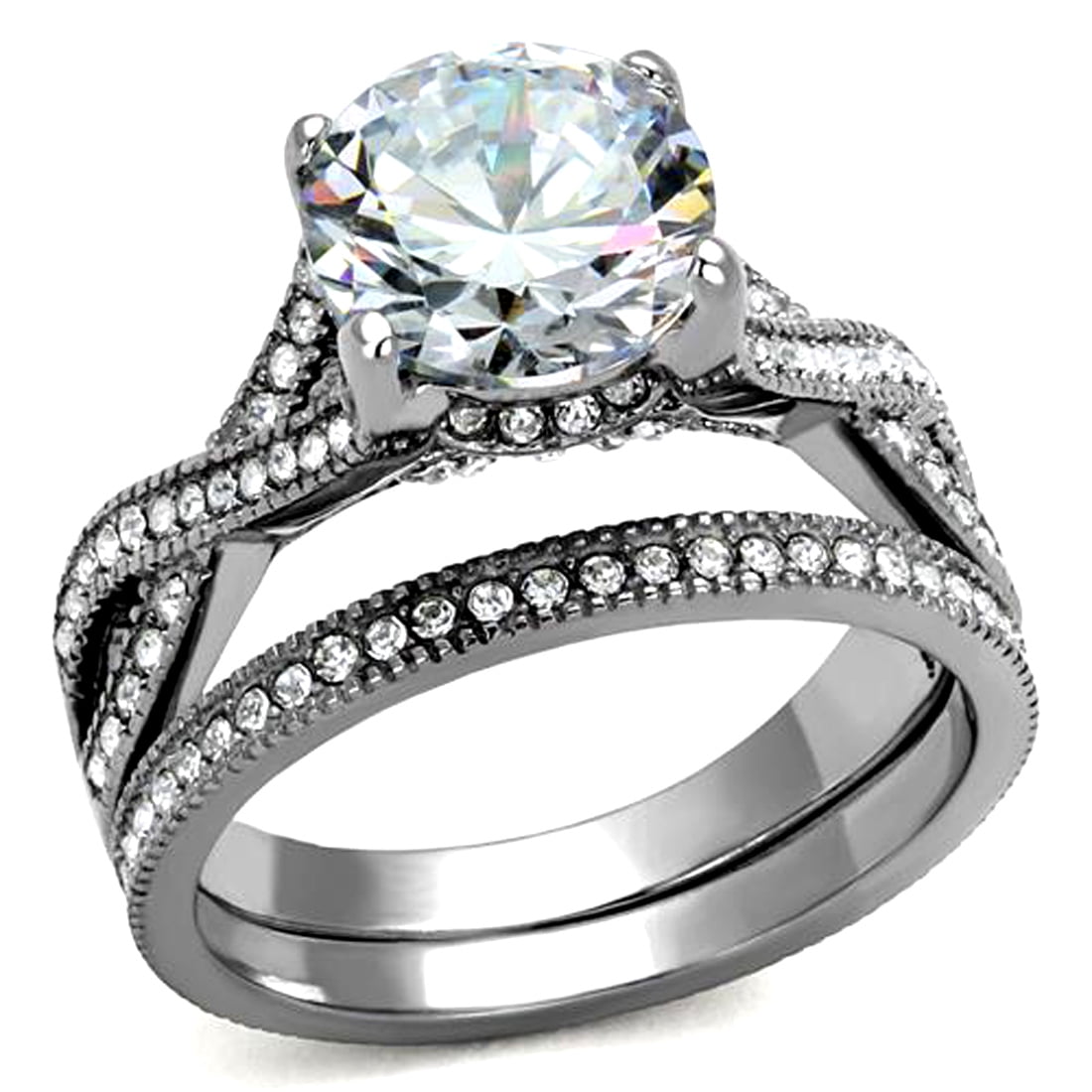 Round White Cubic Zirconia 4-Prong Set Solitaire Stainless Steel Ring Ladies 