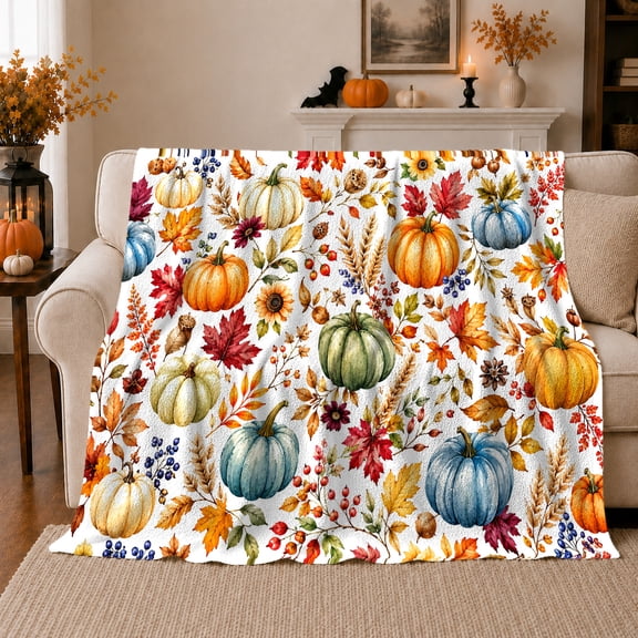 Autumn Harvest Pumpkin Arrangement, Rustic Botanical Portrait, Warm Flannel Blanket for Home Library and Reading Nook, Art Lovers Thanksgiving Gift, Rustic Home Decor