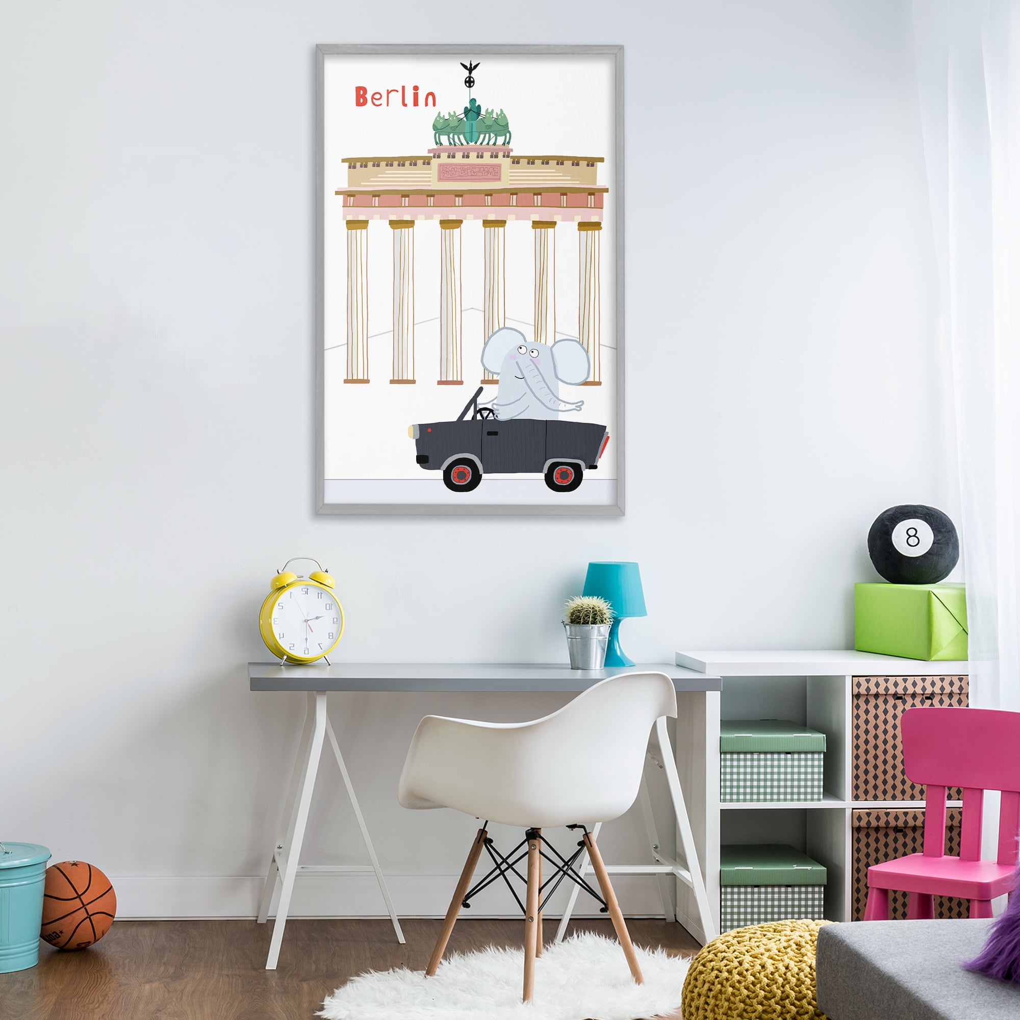 Elephant & Berlin Architecture Gray Framed Giclee Art, design by Carla Daly