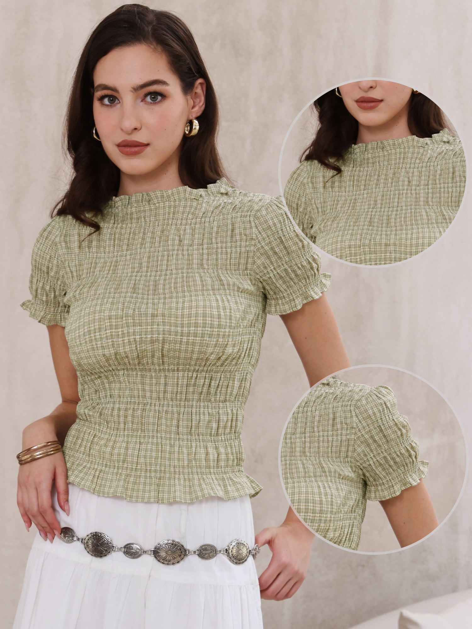DARING DIVA Women's Smocked Plaid Short Sleeve Crew Neck Ruffle Tops Shirt L Gray Green