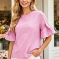 thumbnail image 6 of Xaqiouau Womens Gingham Ruffle Bell Sleeve Blouse Casual Crew Neck Check Print Summer Top, 6 of 7