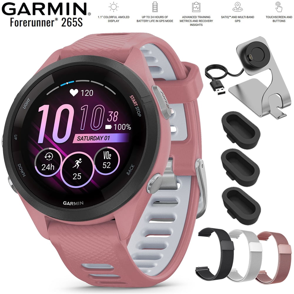 Garmin Forerunner 265S GPS Smartwatch Light Pink/Whitestone 010-02810-05 Bundle with Deco Essentials 18mm Metal Bands 3 Pack, Charging Dock and Silicone Dust Cover 3 Pack