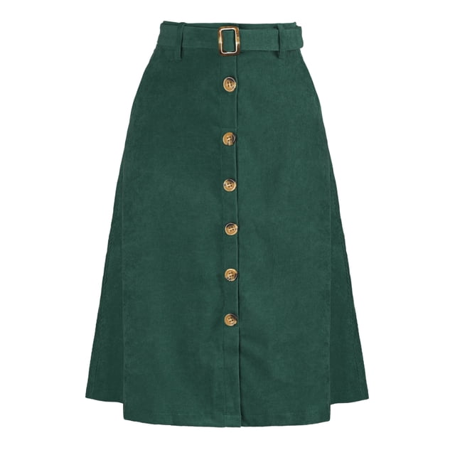 Falda de pana con cinturón y botones en la parte delantera Verde Oscuro L Allegra K