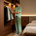 thumbnail image 3 of Dwelliawo Men 2 Piece Pajama Set Modal Crewneck Short Sleeve T-Shirt Long Pants Oversize Tall Loungewear Comfort Sleepwear With Pockets For Home Street Dark Green L, 3 of 7