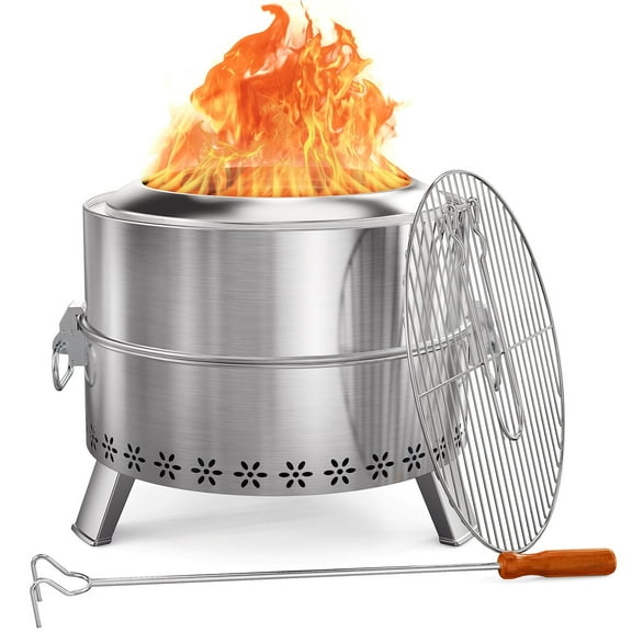 Philergo 19" Smokeless Fire Pit for Outside, Stainless Steel Wood Burning Fire Pit with Foldable Legs, Grill, Poker, Carry Bag