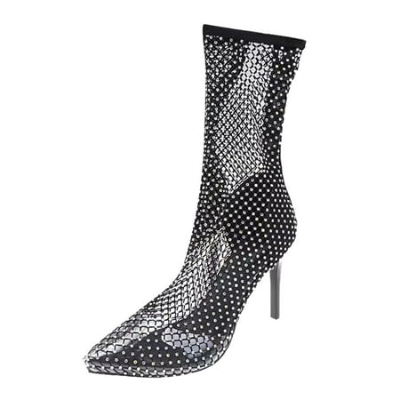 

Toe Heels Color Shoes Middle High Rhinestone Boots Thin Solid Pointed Women Women s Boots