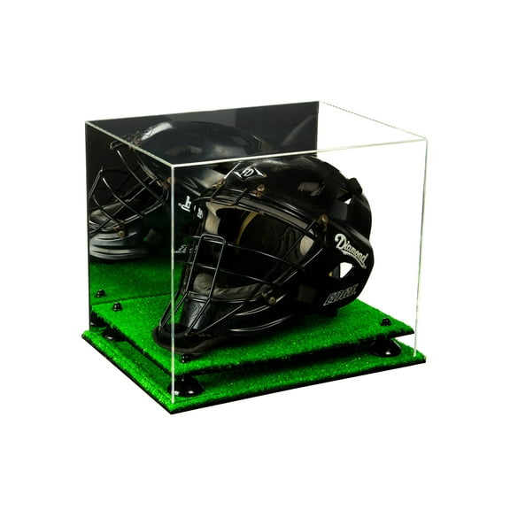 Deluxe Acrylic Catchers Helmet Display Case with Black Risers, Mirror and Turf Base (A002-BR)
