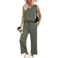 thumbnail image 2 of Two Piece Sets for Women Summer Outfits Lounge Sets Mock Neck Tops Wide Leg Crop Pants Green XXL, 2 of 8